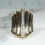 Dramatic Grooved Gold & Diamond Modernist Ring