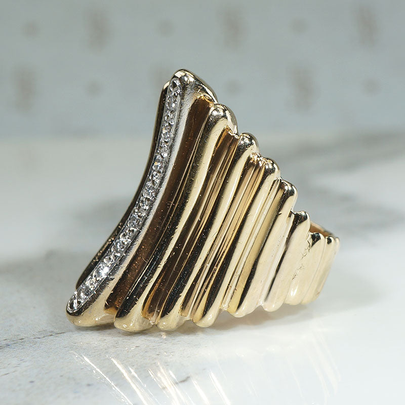 Dramatic Grooved Gold & Diamond Modernist Ring