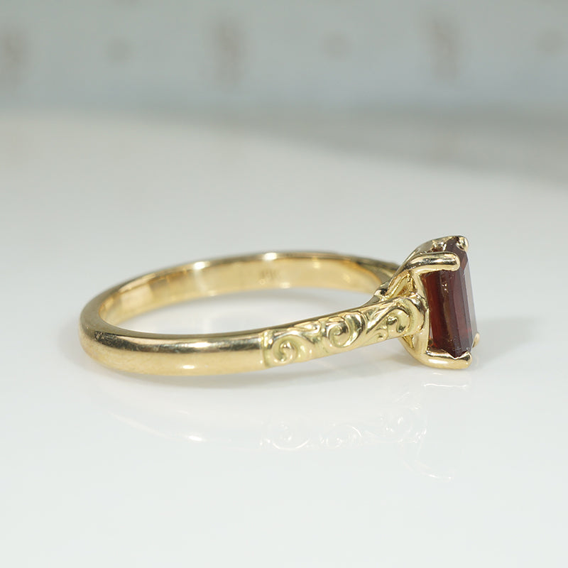 Emerald-Cut Garnet in Sculpted Gold Solitaire Ring