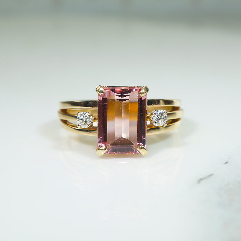 Peachy-Pink Emerald-Cut Tourmaline & Diamond Ring