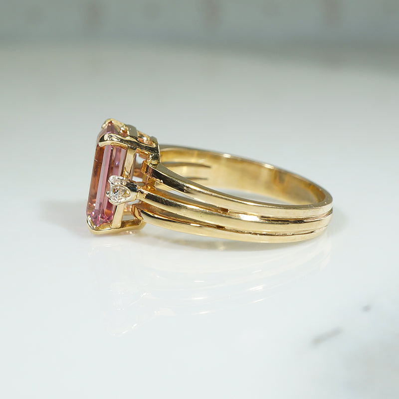 Peachy-Pink Emerald-Cut Tourmaline & Diamond Ring