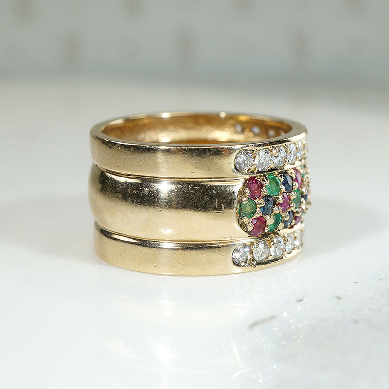 Wide 18k Gold Band with Harlequin Gems