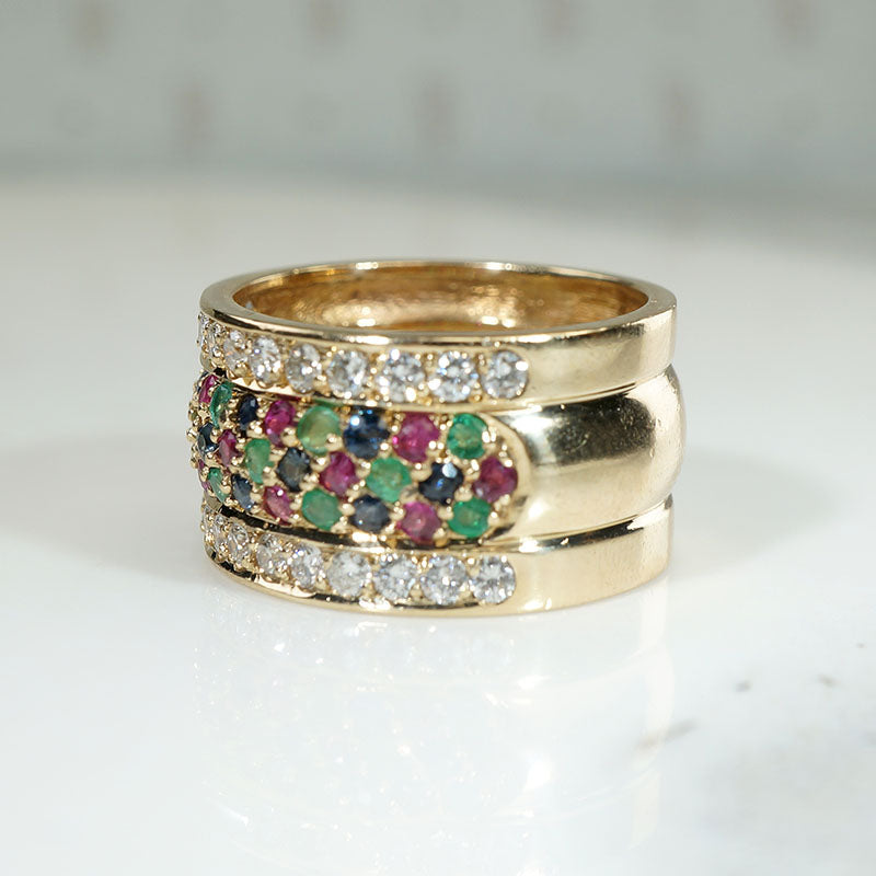 Wide 18k Gold Band with Harlequin Gems