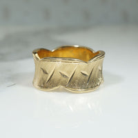 Wide Florentine Finish Gold Band with Scalloped Edges