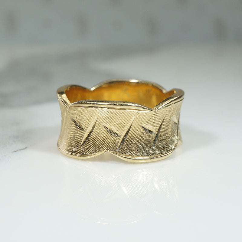 Wide Florentine Finish Gold Band with Scalloped Edges