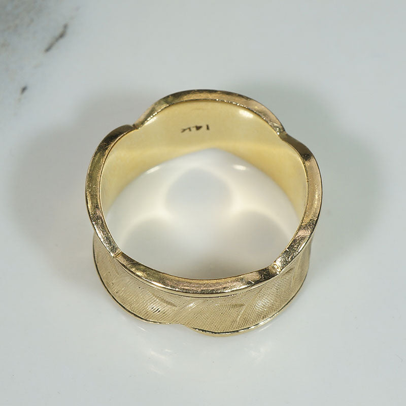 Wide Florentine Finish Gold Band with Scalloped Edges