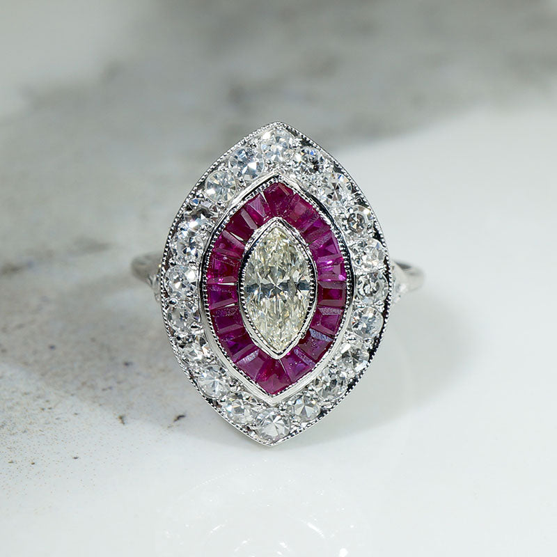 Marquise Diamond & Rubies Navette Target Ring