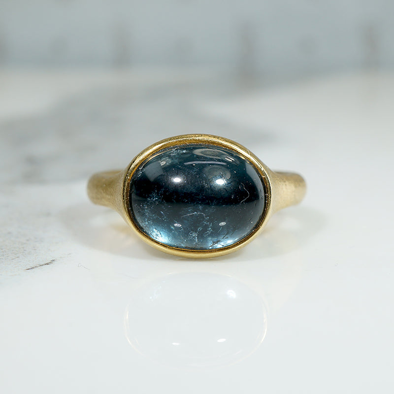 Rare Blue Tourmaline Cabochon in 18k Gold Ring