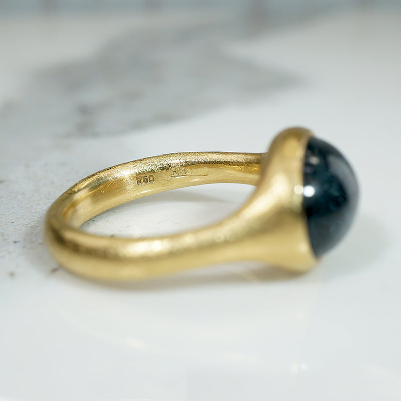 Rare Blue Tourmaline Cabochon in 18k Gold Ring