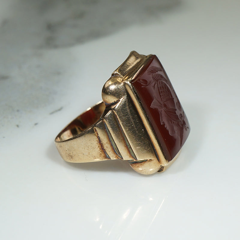 Roman Soldier Carnelian Intaglio in Heavy Gold Ring