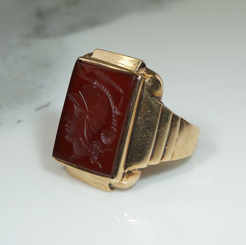 Roman Soldier Carnelian Intaglio in Heavy Gold Ring
