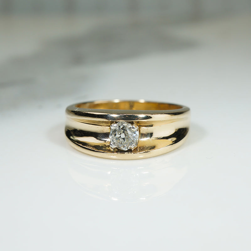 Antique Grooved Gold Band with Old Mine Cut Diamond Engagement Ring