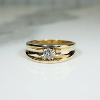 Antique Grooved Gold Band with Old Mine Cut Diamond Engagement Ring