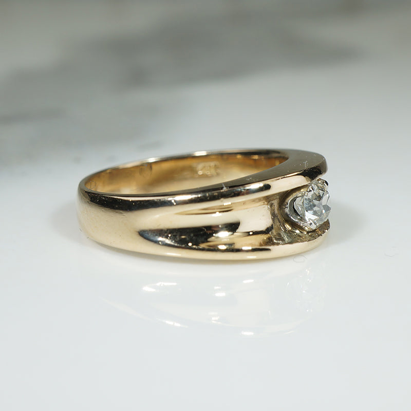 Antique Grooved Gold Band with Old Mine Cut Diamond Engagement Ring