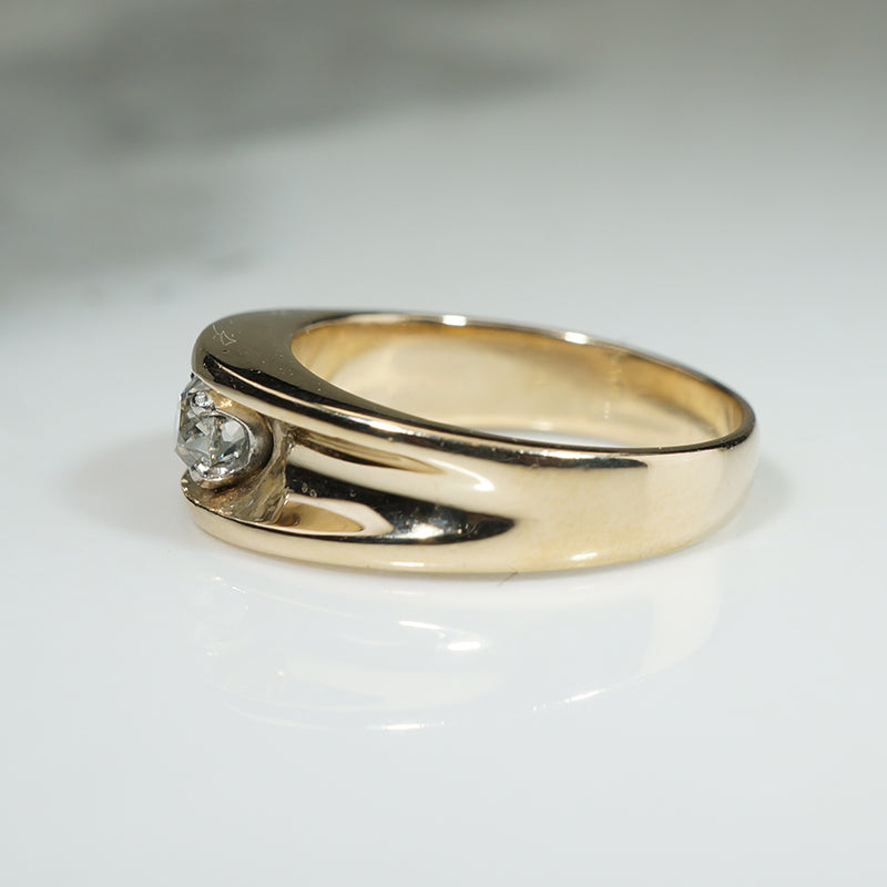 Antique Grooved Gold Band with Old Mine Cut Diamond Engagement Ring