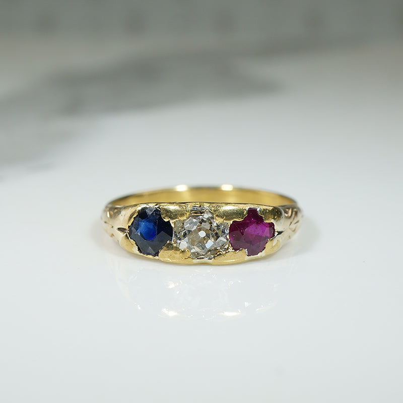 Unique French 22k Gold Band with Old Mine Cut Diamond & Gems