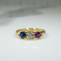 Unique French 22k Gold Band with Old Mine Cut Diamond & Gems