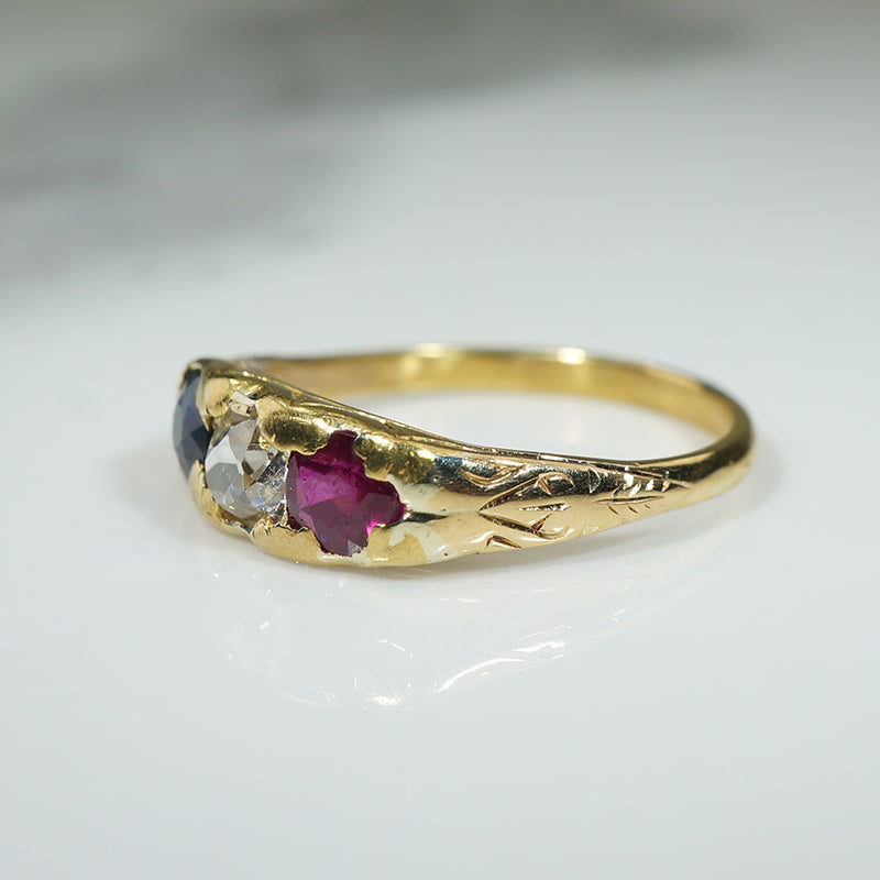 Unique French 22k Gold Band with Old Mine Cut Diamond & Gems