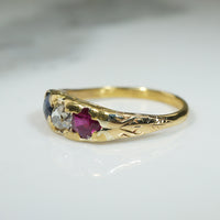 Unique French 22k Gold Band with Old Mine Cut Diamond & Gems