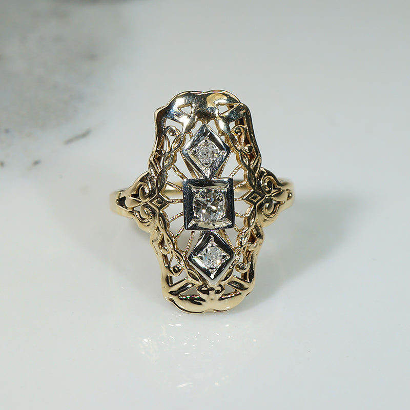 Art Deco Old Mine Cut Diamond & Gold Filigree Knuckle Ring