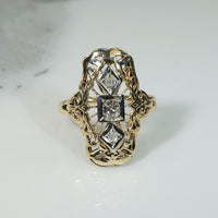 Art Deco Old Mine Cut Diamond & Gold Filigree Knuckle Ring