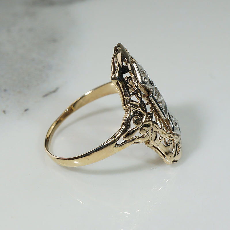 Art Deco Old Mine Cut Diamond & Gold Filigree Knuckle Ring