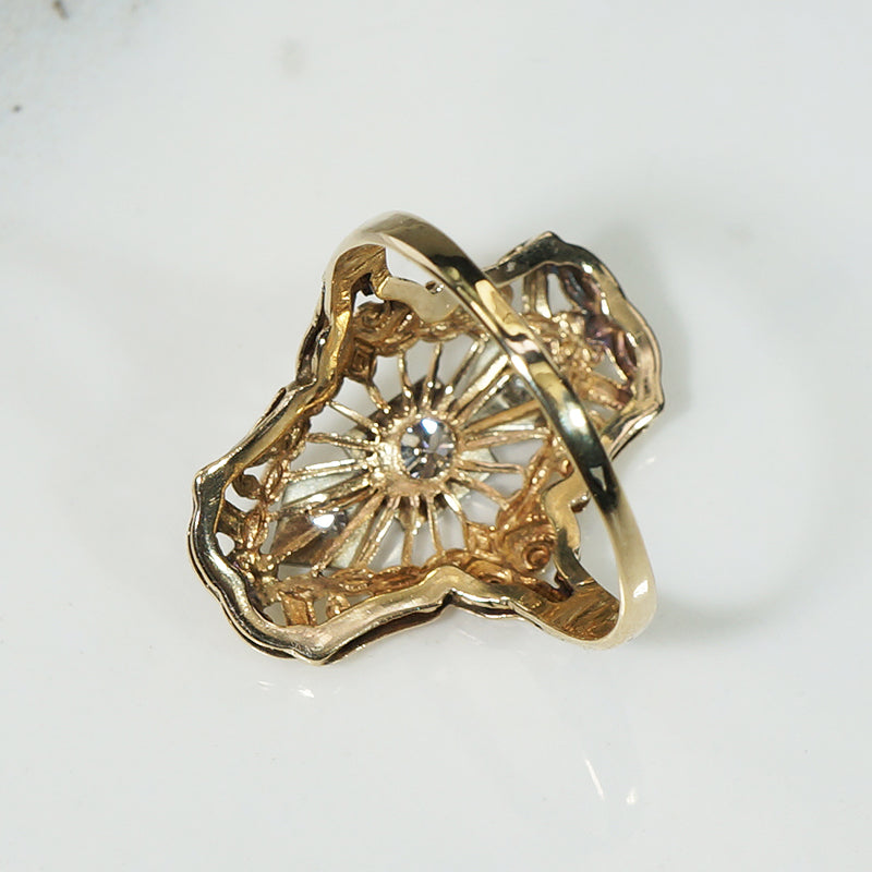 Art Deco Old Mine Cut Diamond & Gold Filigree Knuckle Ring