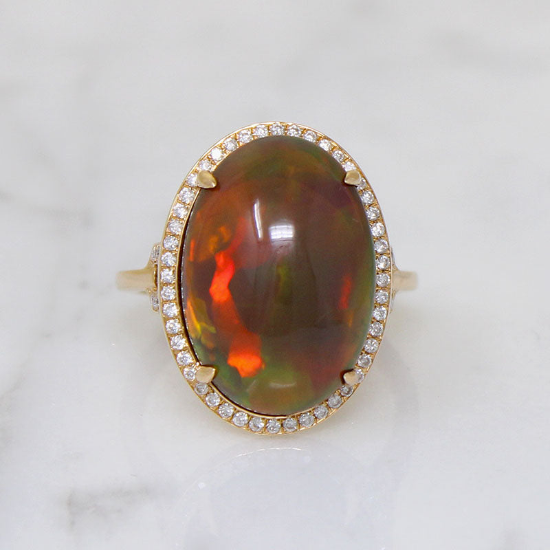 Fiery Brown Opal in 18k Gold Diamond Halo Ring