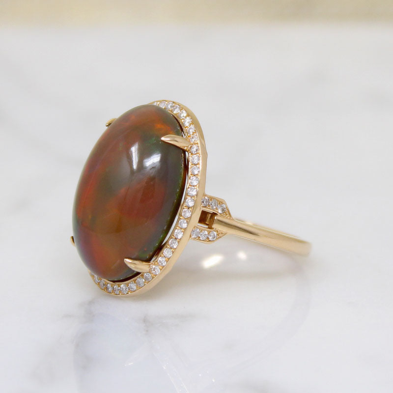 Fiery Brown Opal in 18k Gold Diamond Halo Ring