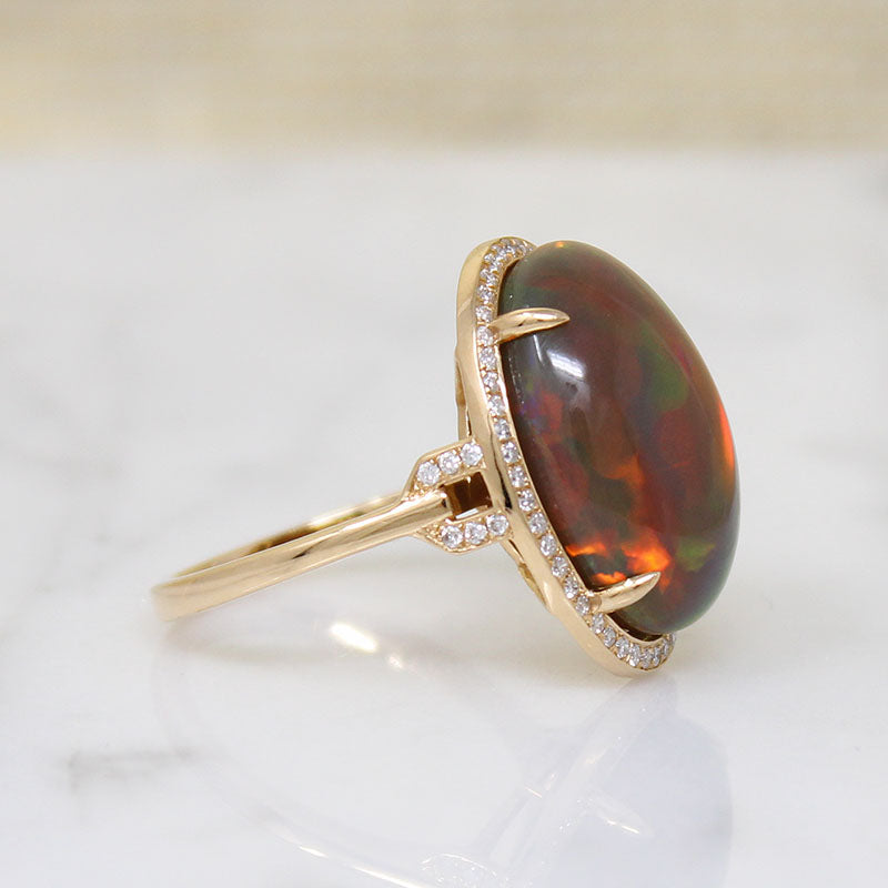 Fiery Brown Opal in 18k Gold Diamond Halo Ring