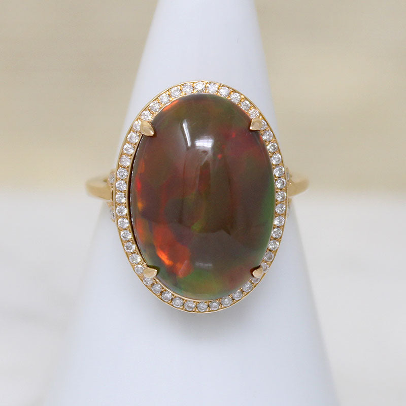 Fiery Brown Opal in 18k Gold Diamond Halo Ring