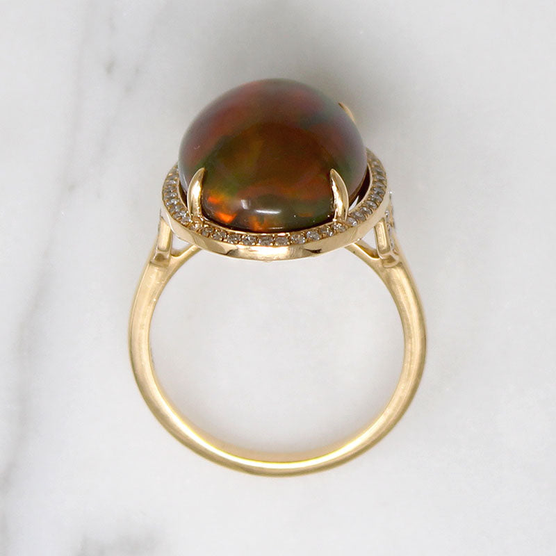 Fiery Brown Opal in 18k Gold Diamond Halo Ring