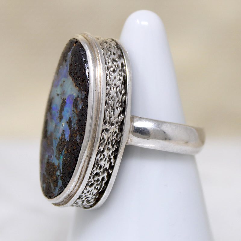 Unusual Opal in Engraved Sterling Silver Ring