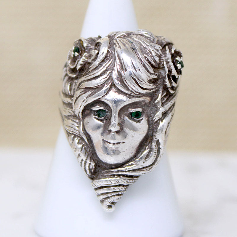 Art Nouveau Style Sterling & Emerald Woman's Face Ring