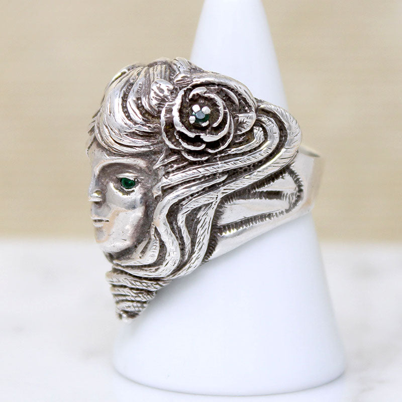 Art Nouveau Style Sterling & Emerald Woman's Face Ring