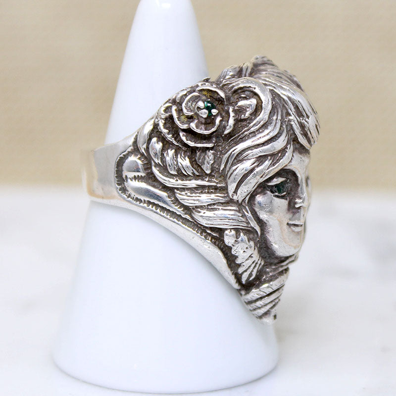Art Nouveau Style Sterling & Emerald Woman's Face Ring