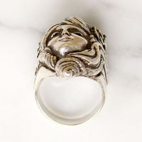 Art Nouveau Style Sterling & Emerald Woman's Face Ring