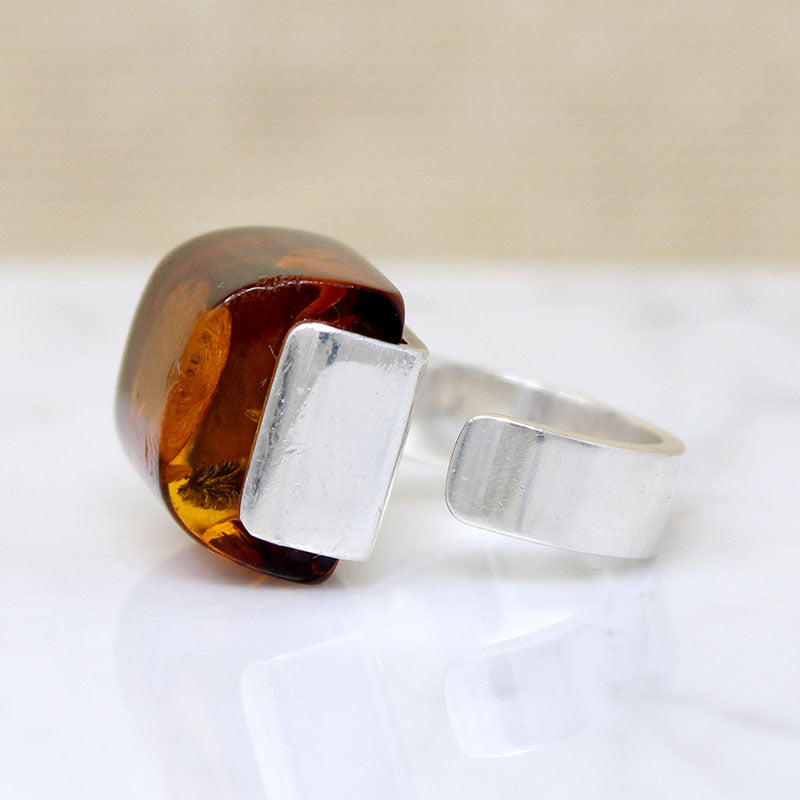 Sophisticated Modernist Baltic Amber & Sterling Ring