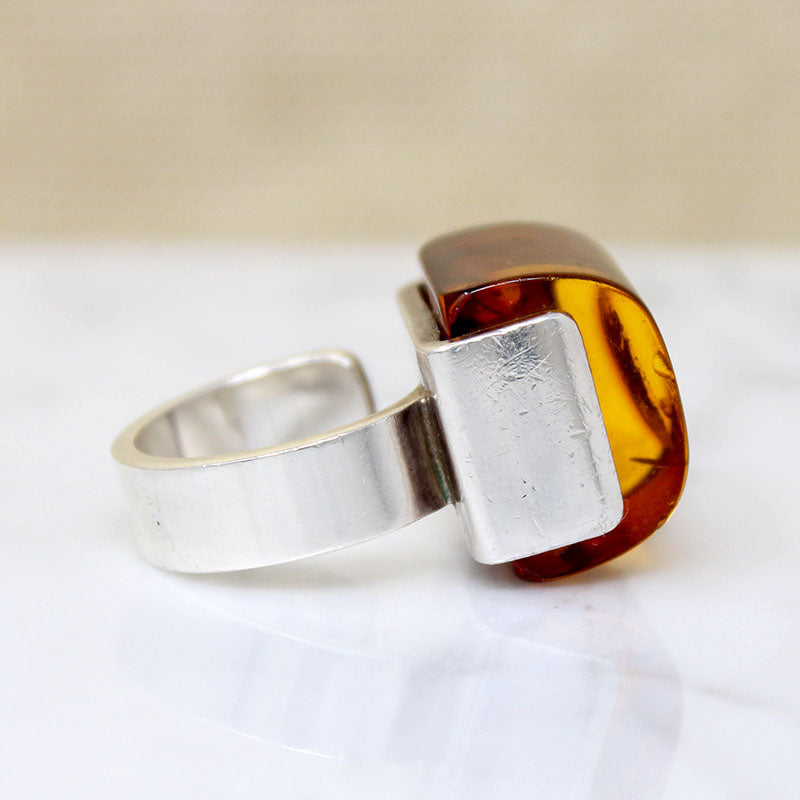 Sophisticated Modernist Baltic Amber & Sterling Ring