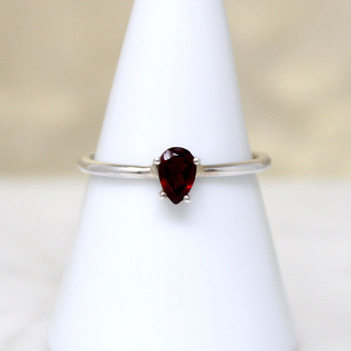 Deep Red Garnet Teardrop in Sterling Solitaire Ring