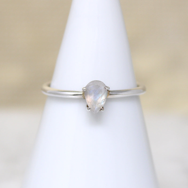 Radiant Moonstone Teardrop in Sterling Solitaire Ring