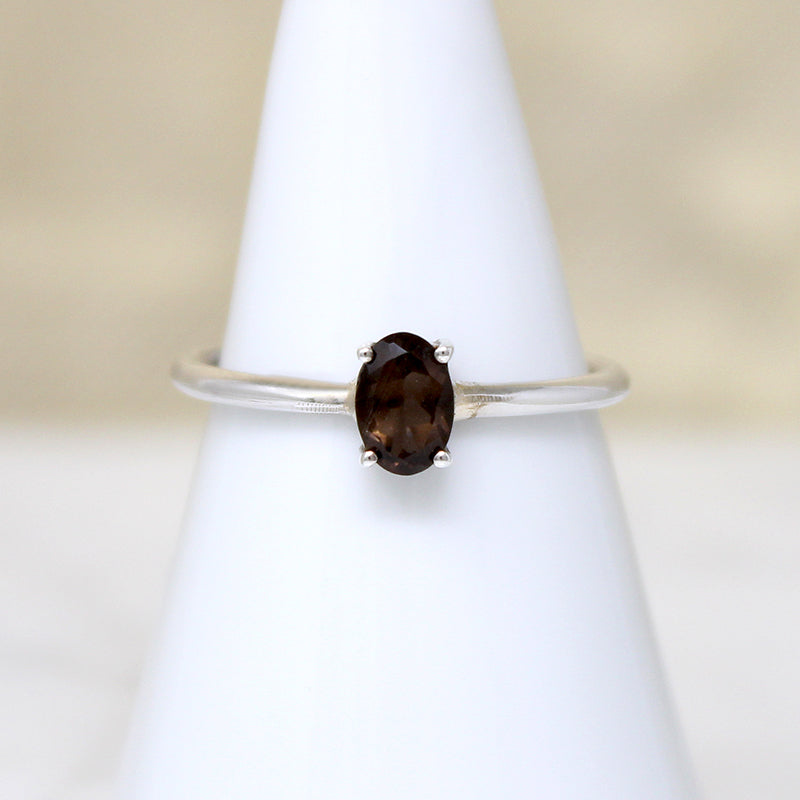 Moody Oval Smoky Quartz in Sterling Solitaire Ring
