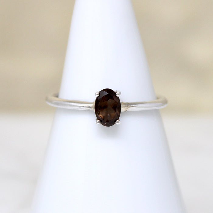 Moody Oval Smoky Quartz in Sterling Solitaire Ring