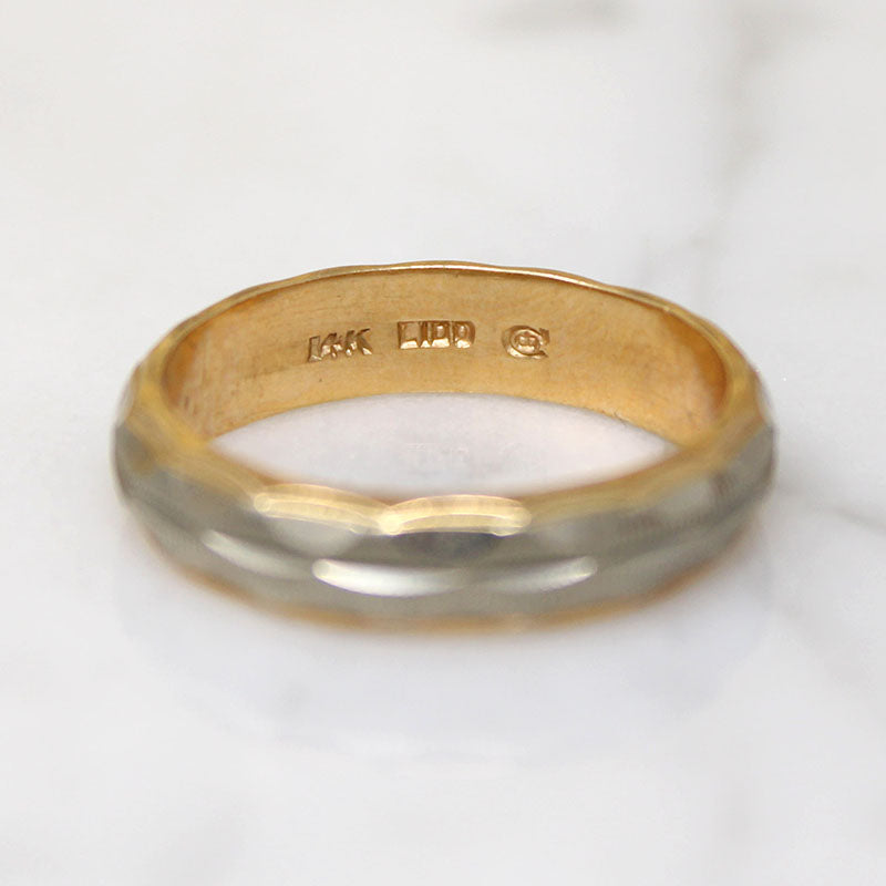 Chic 14k Two-Tone Gold Engraved Wedding Band