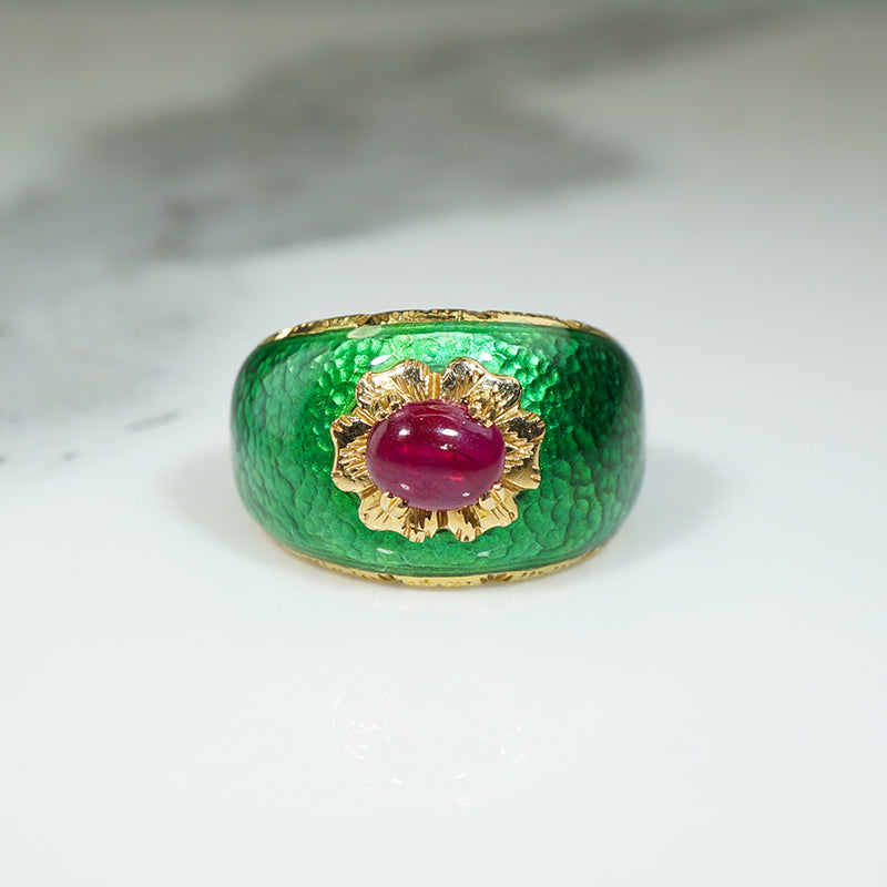 Delicious 18k Enameled Bombé with Ruby
