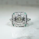Sparkling Diamond set Square Ring with Emerald Accents