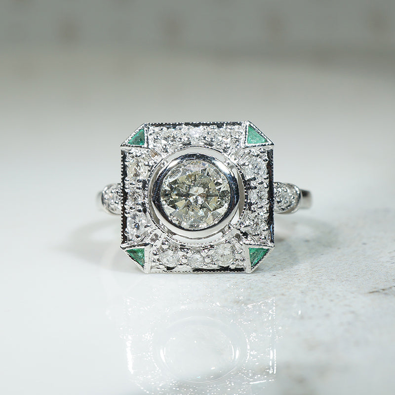 Sparkling Diamond set Square Ring with Emerald Accents