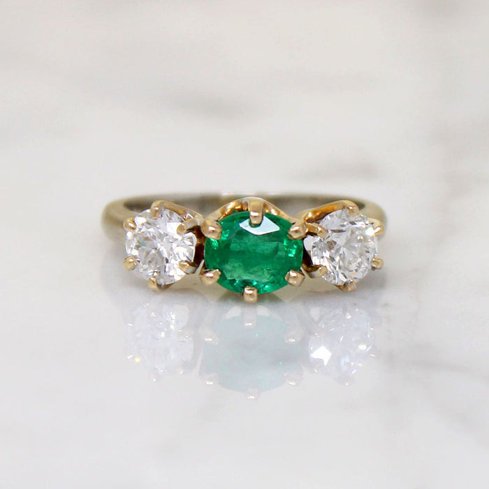 Emerald & Diamond Mid Century Two-Tone Trilogy Ring