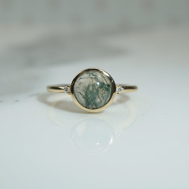 Moss Agate & Diamond in Gold Bezel Ring