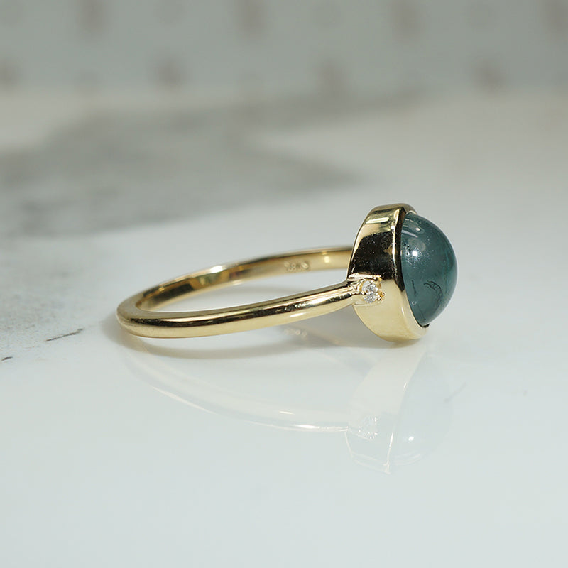 Moss Agate & Diamond in Gold Bezel Ring